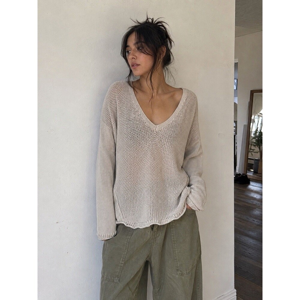 Poetry Linen Open Knit Sweater Women Beige V Neck Relaxed Oversized Lightweight